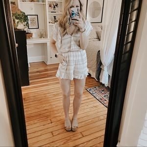 American Eagle Cream & Pink Ruffle Striped Romper